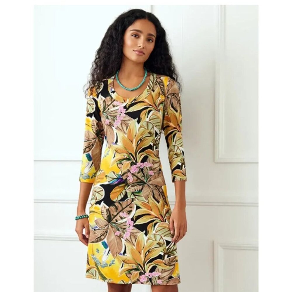 Karen Kane Petite Tropical Print A-Line Dress‎ XLP Knit Yellow Resortwear NWT!